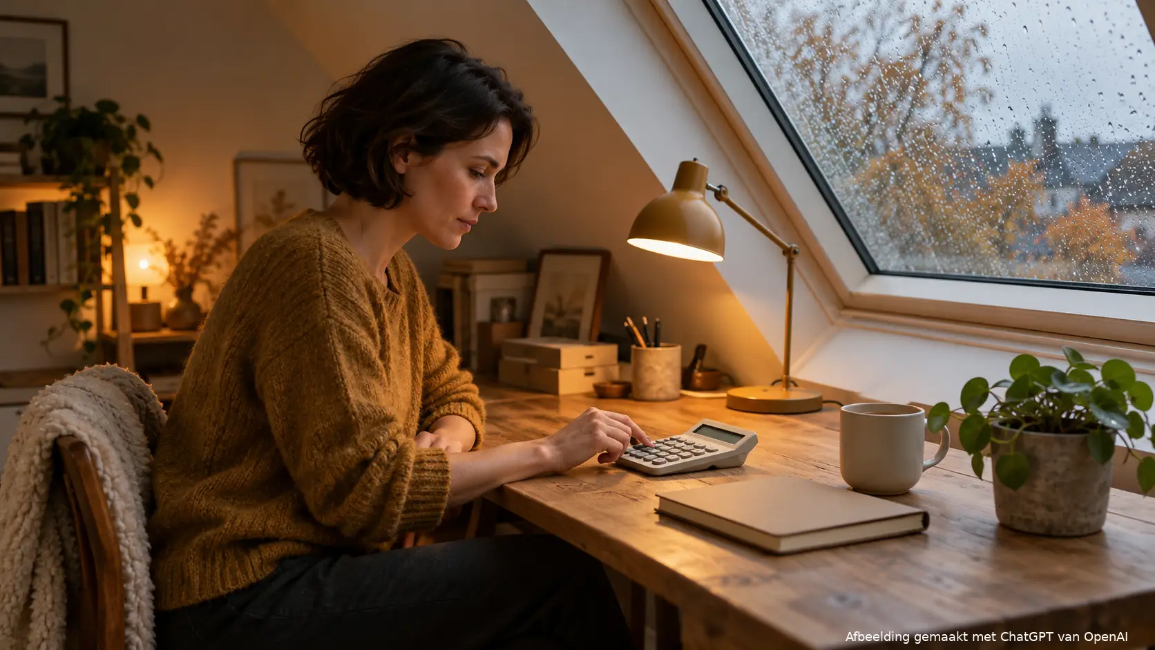 Vrouw van in de dertig met kort donker haar tikt op een rekenmachine aan een houten bureau op zolder, regen op het dakraam