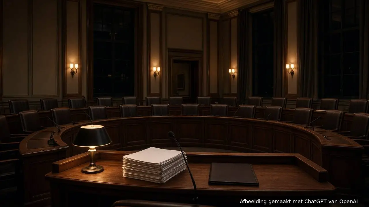 Een lege, statige raadzaal van een Nederlands gemeentehuis in de avond, met houten raadsbanken in hoefijzervorm, microfoons en een stapel dossiers onder een brandende lamp, zonder mensen (AI-beeld)