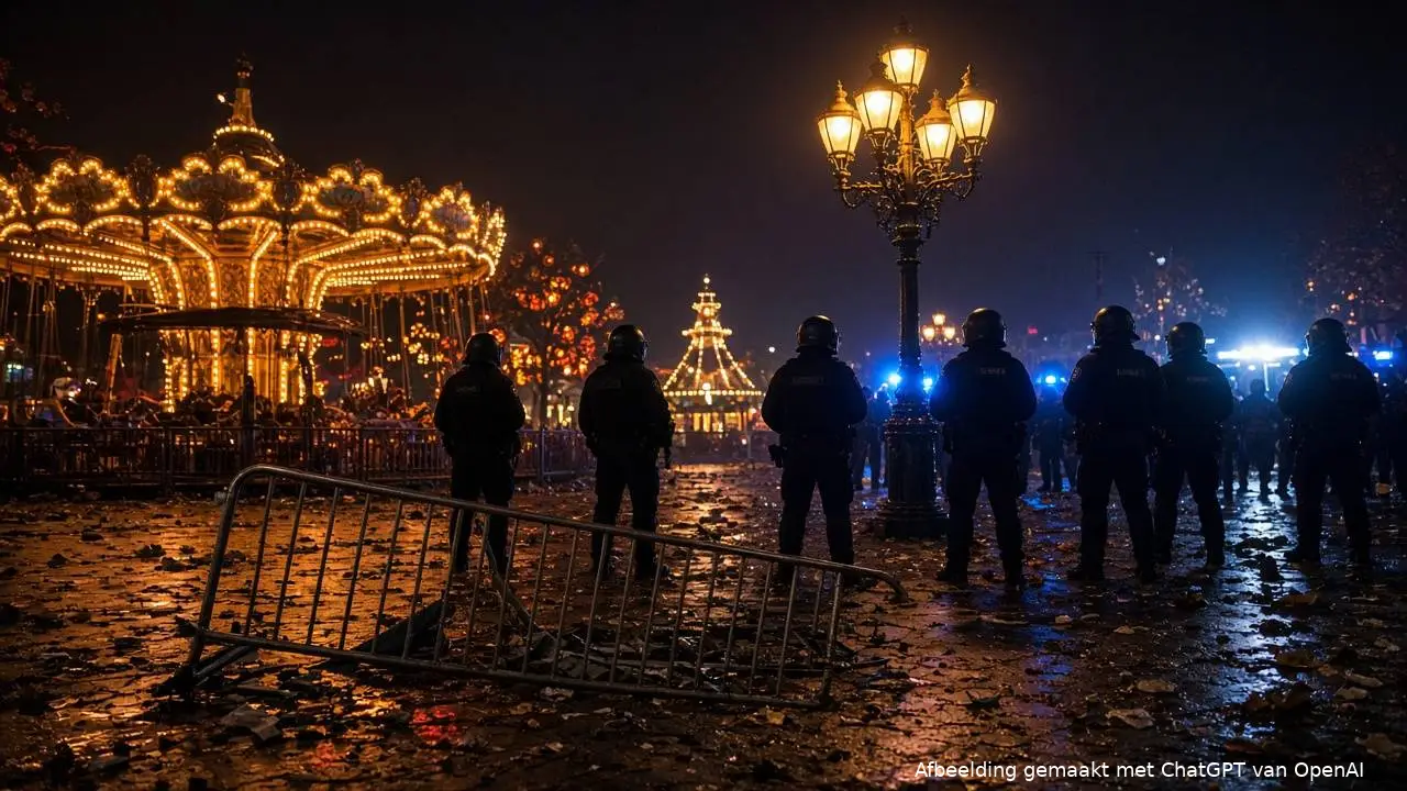 ME'ers van achteren gezien bij een omvergegooid hek in een verlicht attractiepark tijdens een Halloweenavond (AI-beeld)