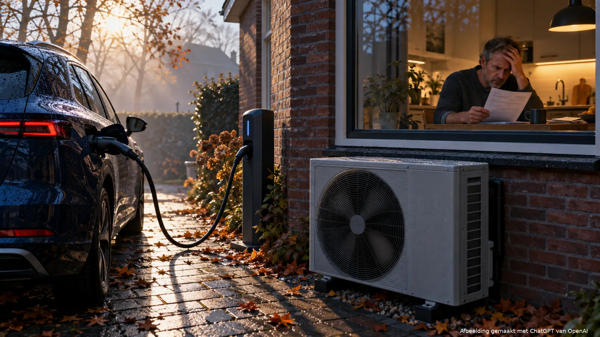 Elektrische auto aan een laadpaal naast een warmtepomp, met een bezorgde bewoner die achter het keukenraam zijn energierekening bekijkt.