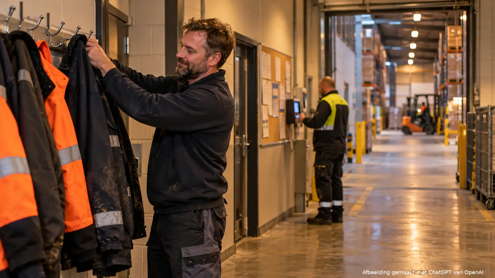 Werknemers klokken uit bij de uitgang van een bedrijfshal aan het einde van een werkdag.