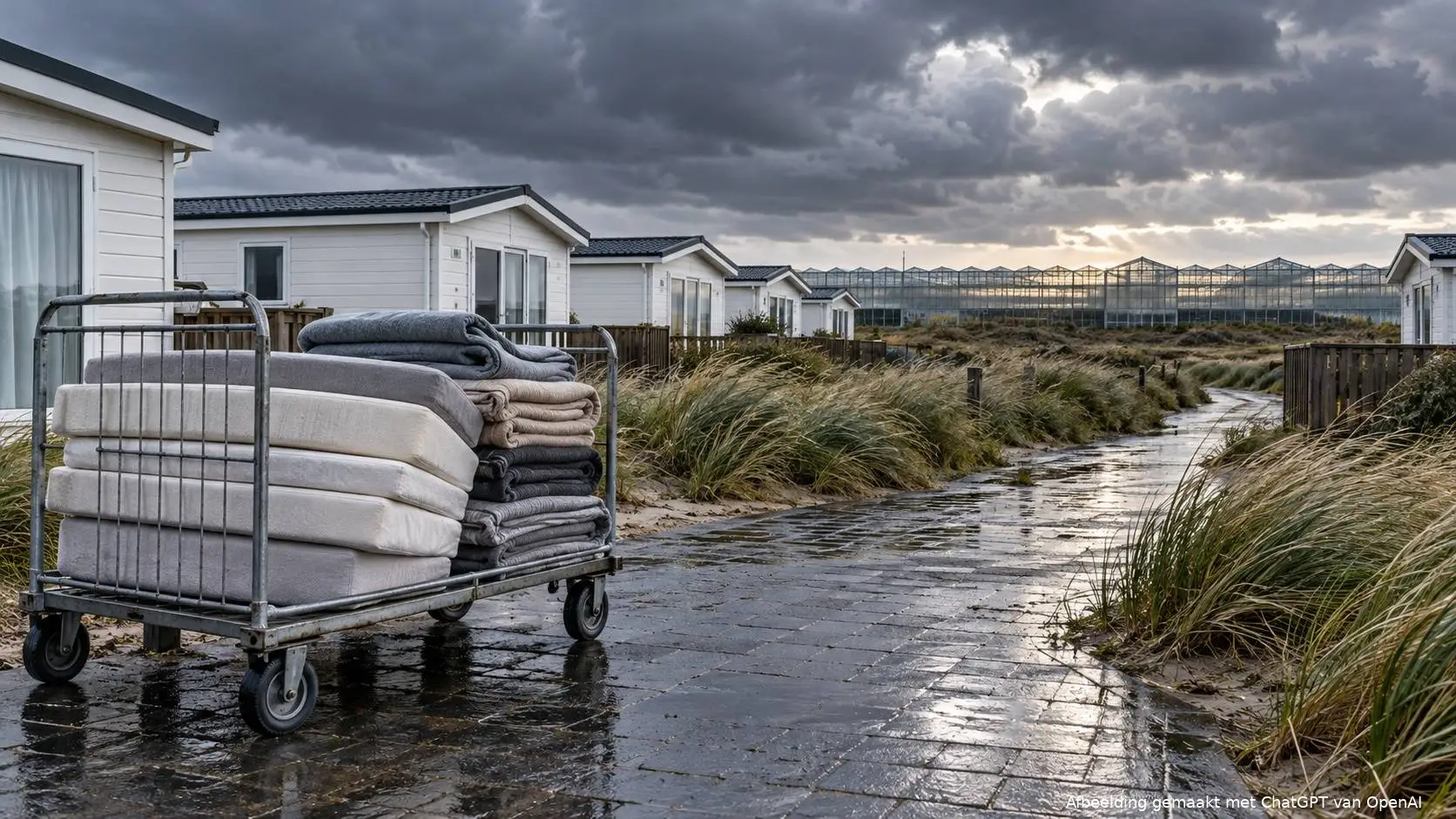 Rij witte chalets op een vakantiepark aan de kust met een kar vol dekens en matrassen, op de achtergrond tuinbouwkassen onder een donkere lucht.