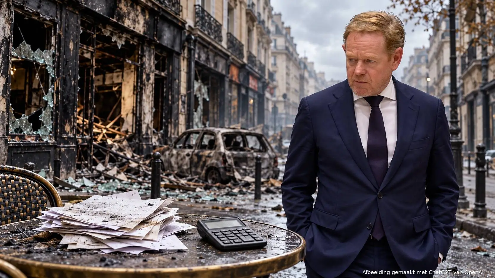 Illustratie van David van Weel in een uitgebrande Franse winkelstraat, met een verbrande auto en op een cafétafeltje rekeningen en een rekenmachine.