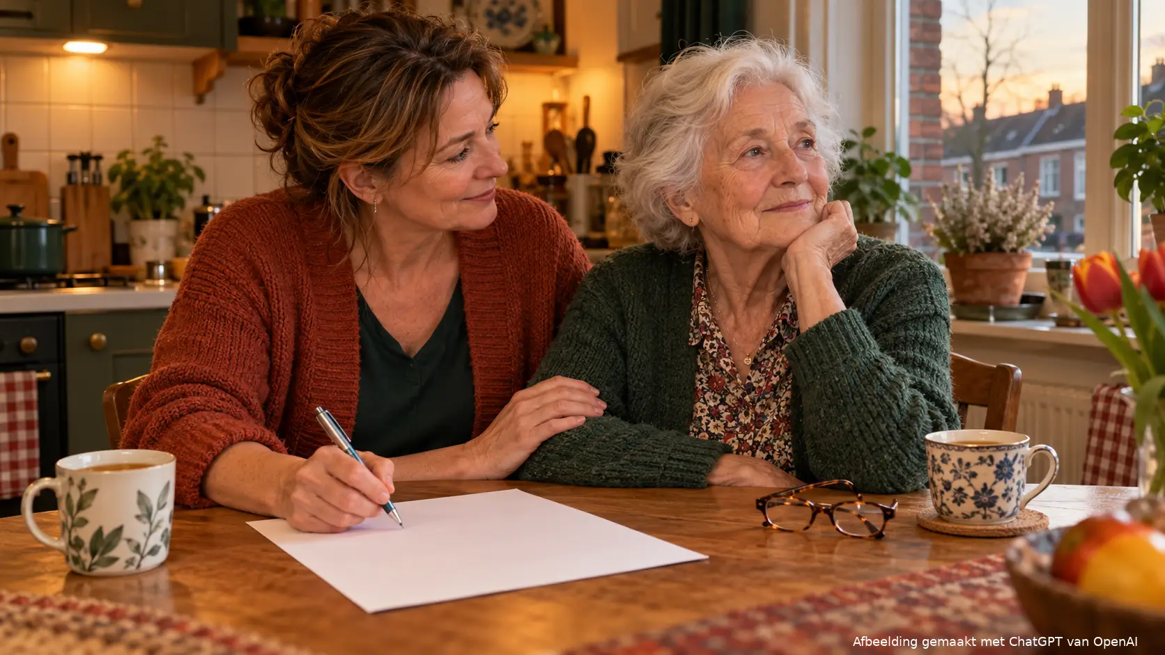Dochter met een pen en een formulier aan de keukentafel naast haar moeder met dementie.
