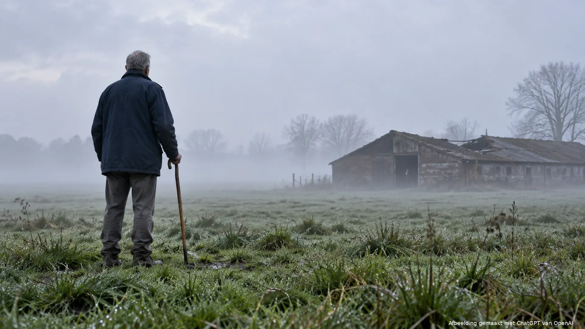 Man met wandelstok staat in een mistige Brabantse weide en kijkt naar een verlaten geitenstal met een ingezakt dak