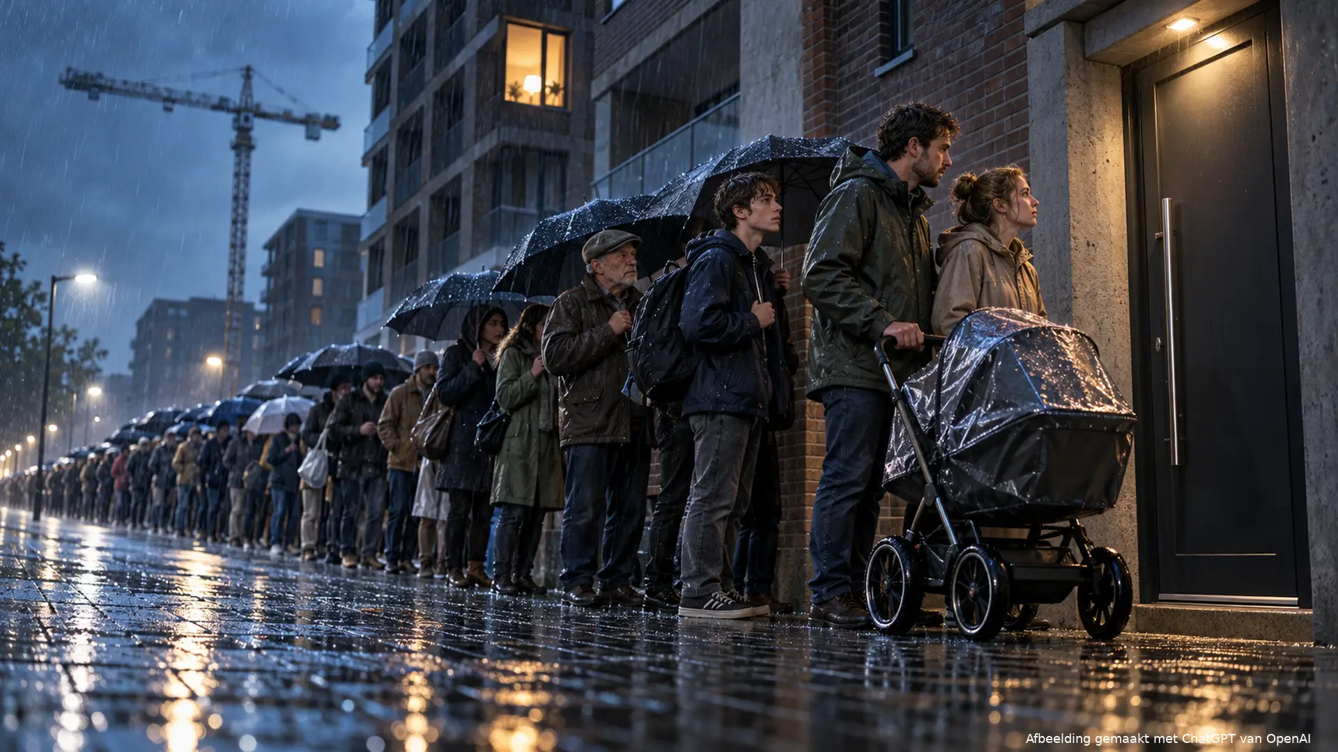 Lange rij mensen met paraplu's in de regen voor één voordeur van een nieuwe flat, stilstaande bouwkraan erachter