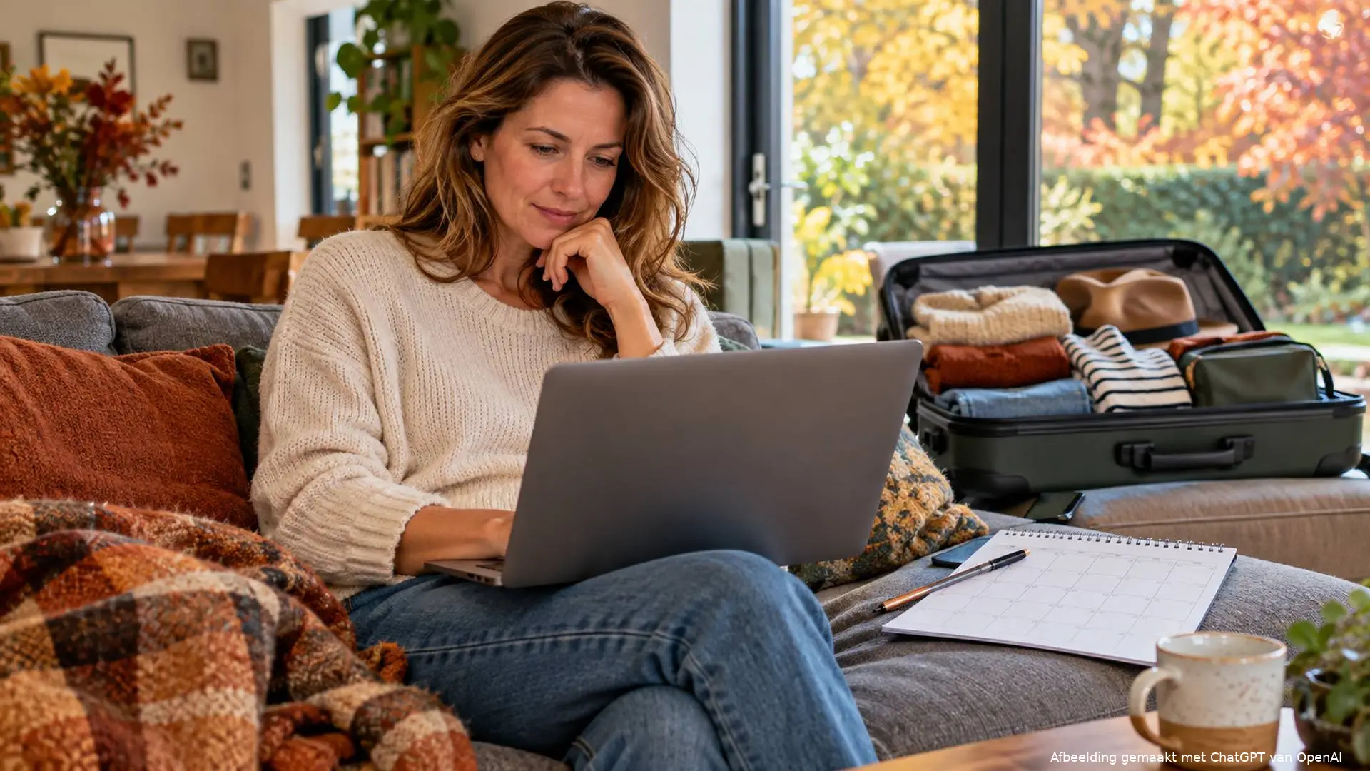 Vrouw met laptop op de bank plant haar vakantie, met een koffer en herfstbomen op de achtergrond