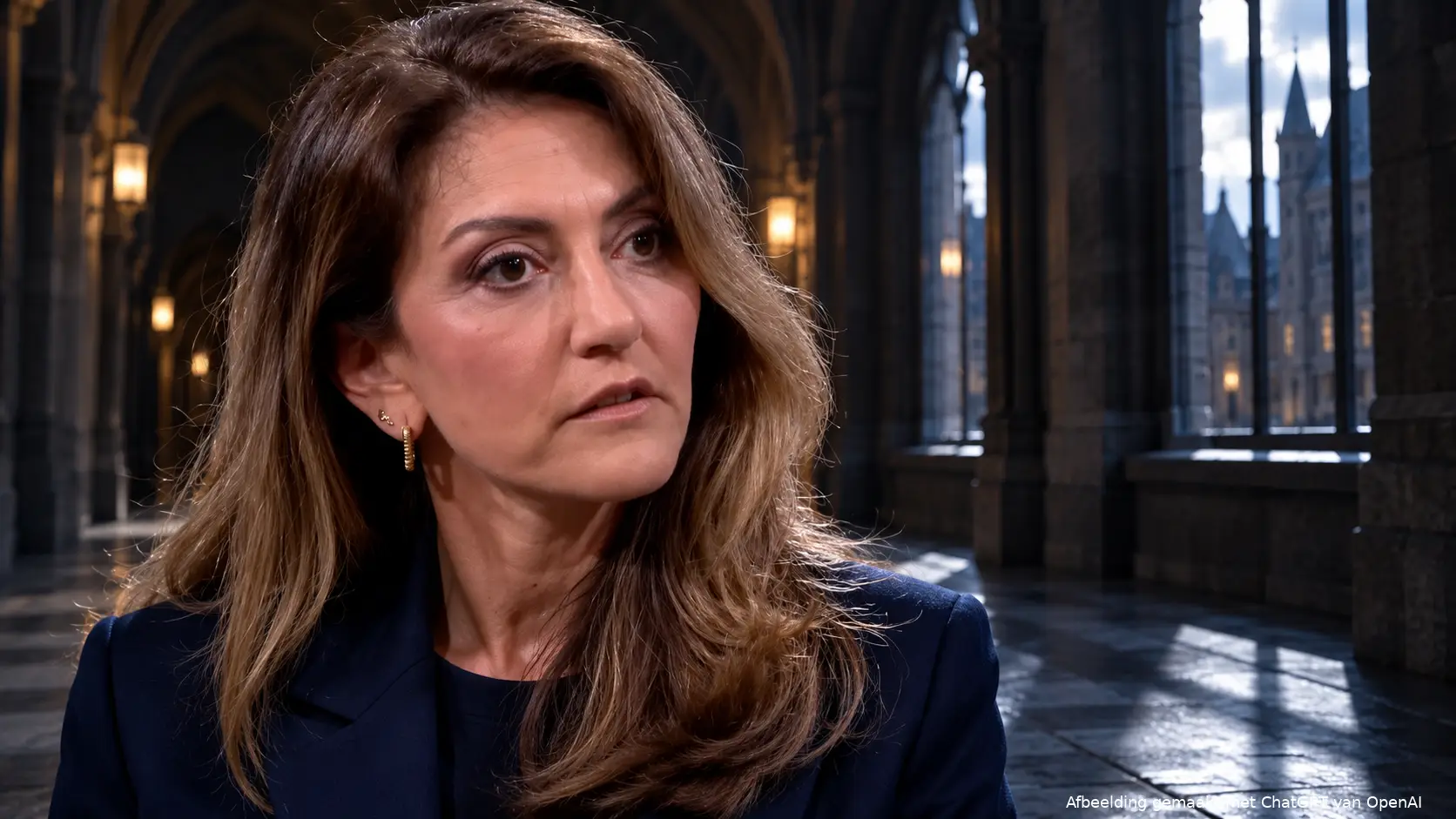 Dilan Yeşilgöz kijkt somber in een schemerige gang van het Binnenhof, na een slechte peiling voor VVD en D66