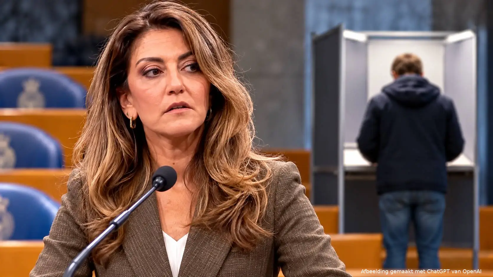 AI-illustratie van Dilan Yeşilgöz in de Tweede Kamer, met een kiezer bij een stemhokje op de achtergrond (AI-beeld).