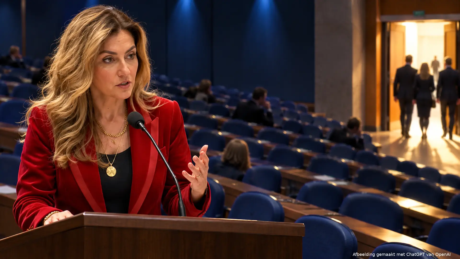 Illustratie van Dilan Yeşilgöz aan een spreekgestoelte in een leeglopende congreszaal: onrust in de VVD en chaos bij NSC.