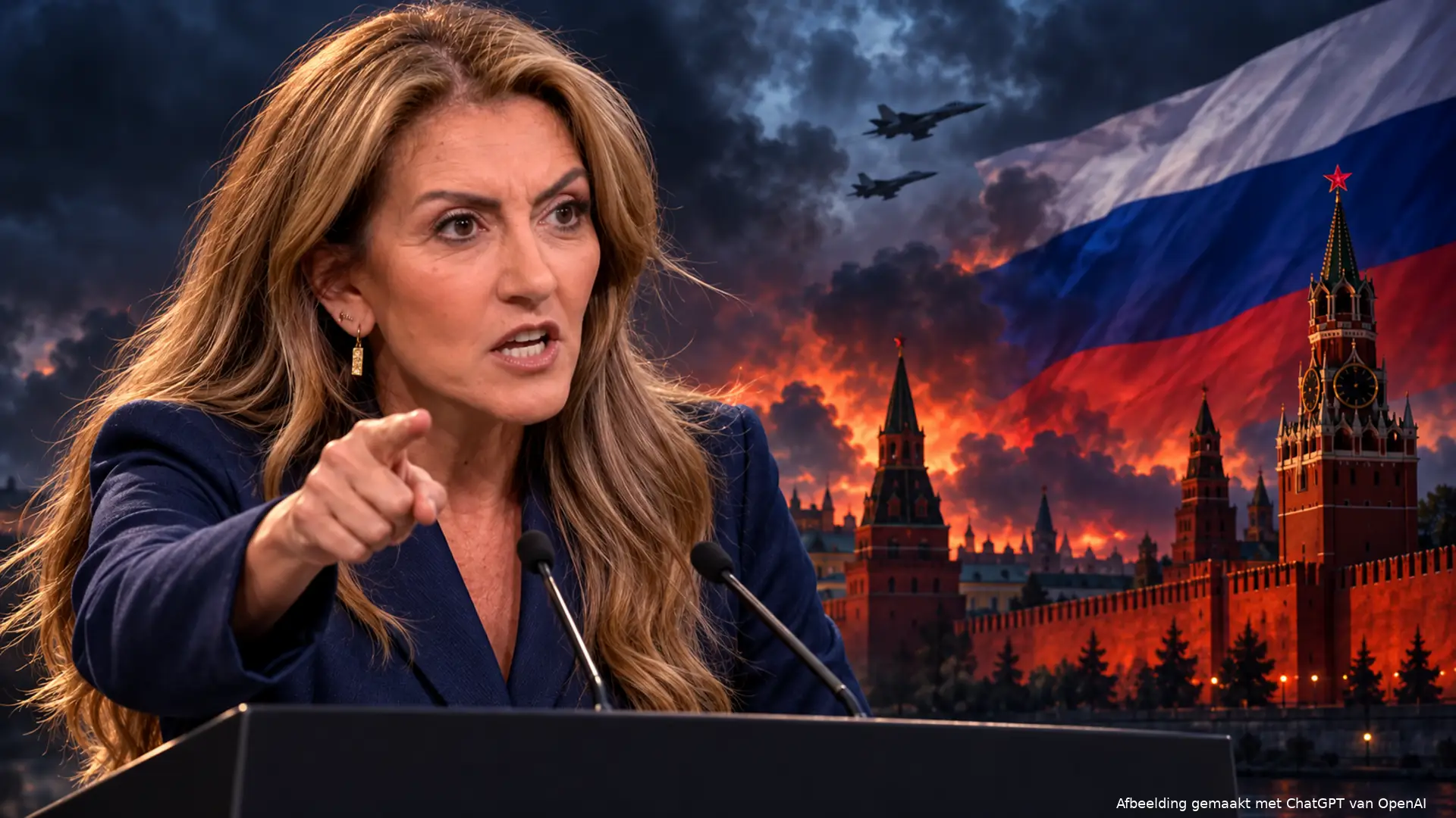 Satirische illustratie van een boze Dilan Yeşilgöz achter een spreekgestoelte, met de Russische vlag, het Kremlin en gevechtsvliegtuigen op de achtergrond.