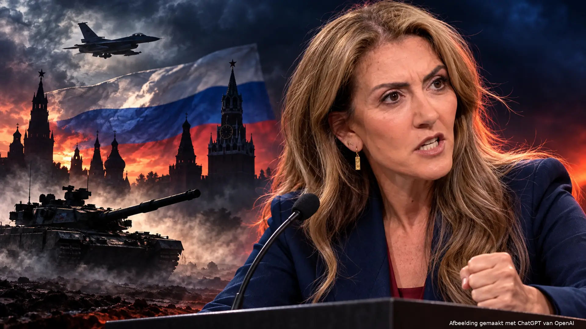 Satirische illustratie van een boze Dilan Yeşilgöz met gebalde vuist, met een tank, gevechtsvliegtuig en Russische vlag op de achtergrond.