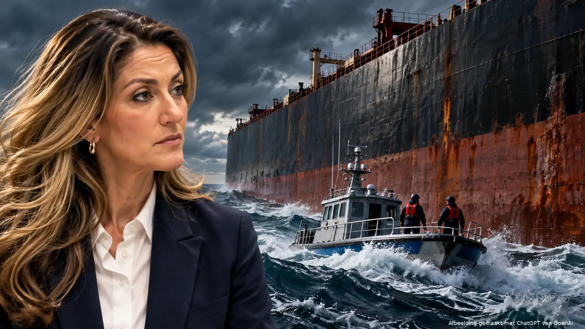Illustratie van Dilan Yeşilgöz naast een kleine patrouilleboot met twee bemanningsleden bij een enorme olietanker op een stormachtige Noordzee.