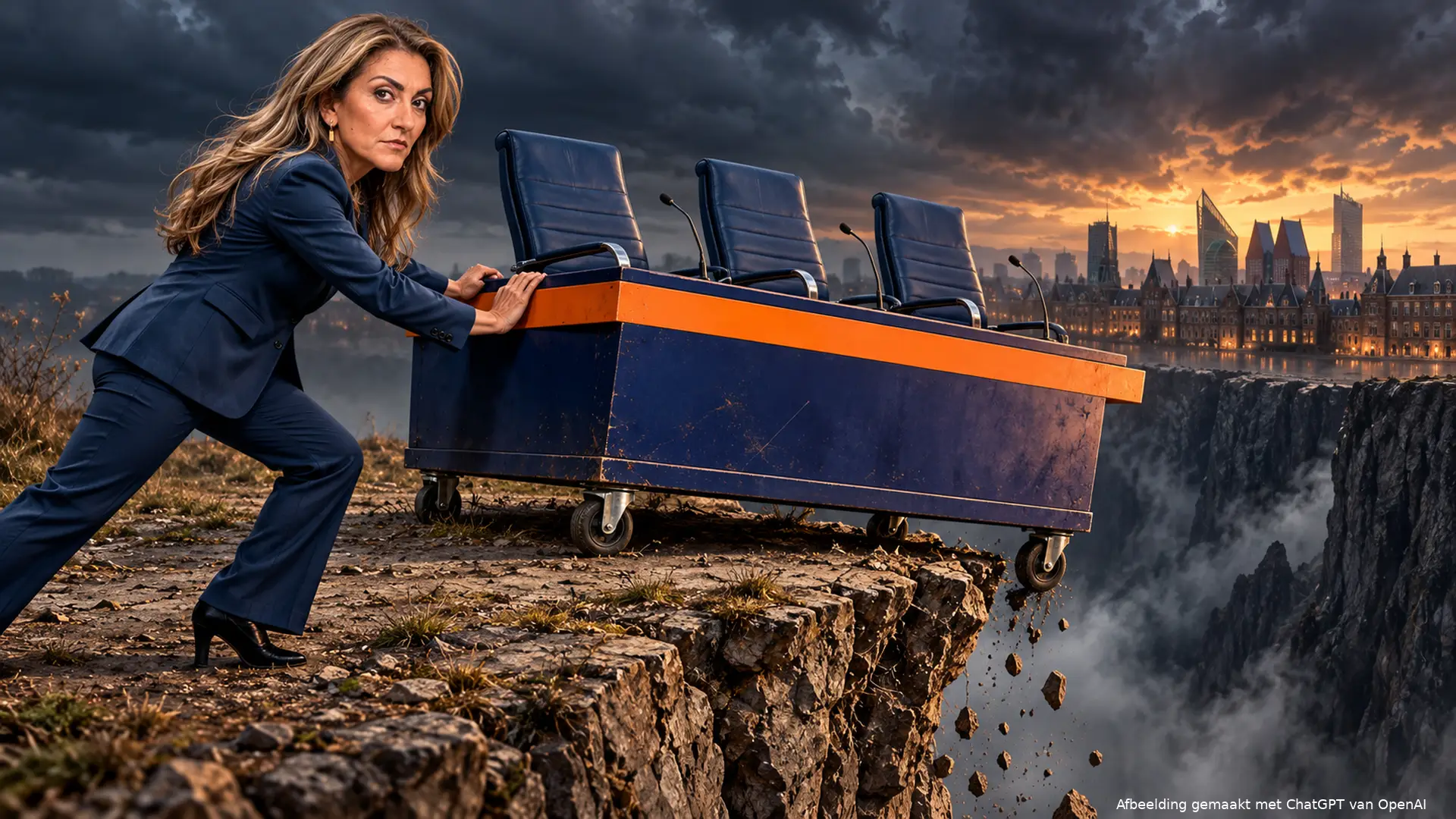 Satirische illustratie van Dilan Yeşilgöz die een blauw-oranje platform met lege stoelen richting een afgrond duwt.