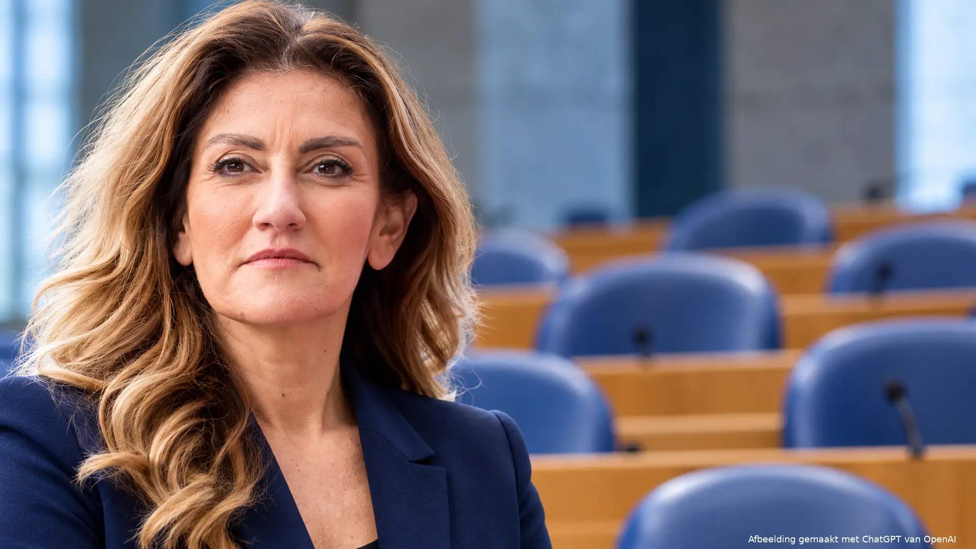 Illustratie van Dilan Yeşilgöz met lege blauwe parlementaire stoelen op de achtergrond.