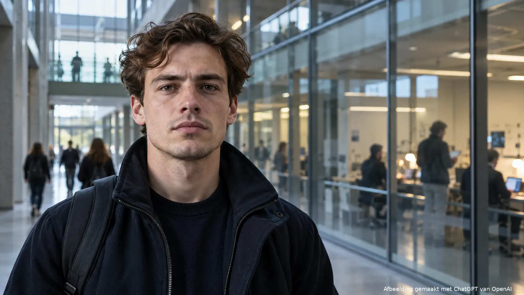 Illustratie van een jonge man in een universiteitsgang, met glazen onderzoeksruimten op de achtergrond.