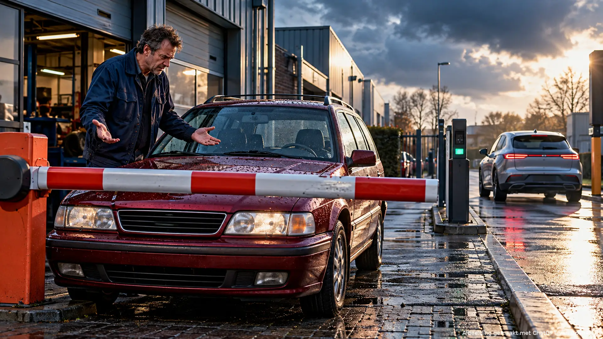 Ondernemer bij zijn oudere benzineauto achter een gesloten slagboom, terwijl een elektrische auto ongehinderd doorrijdt.