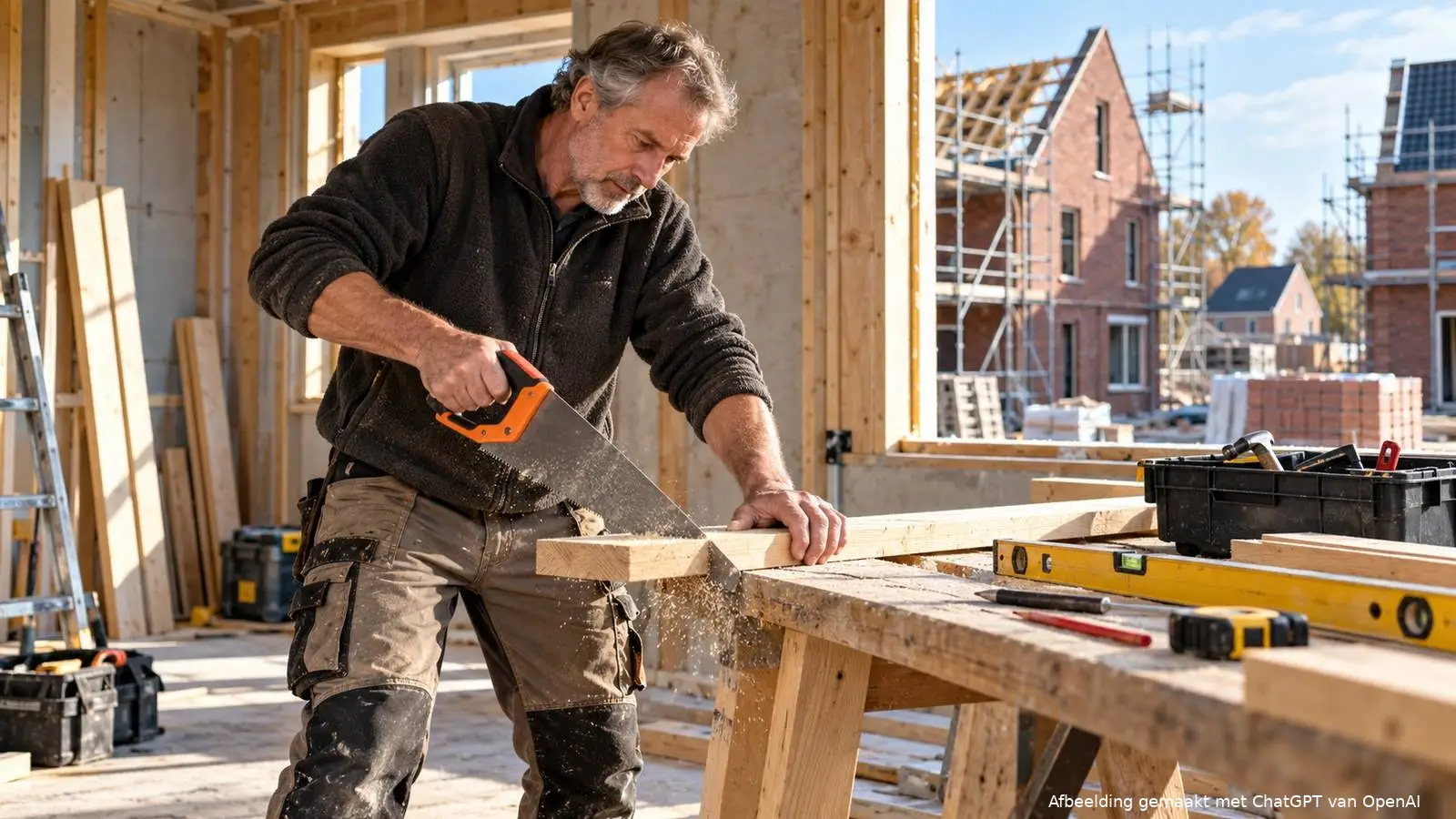 Timmerman zaagt een plank op een werkbank in een woning in aanbouw.
