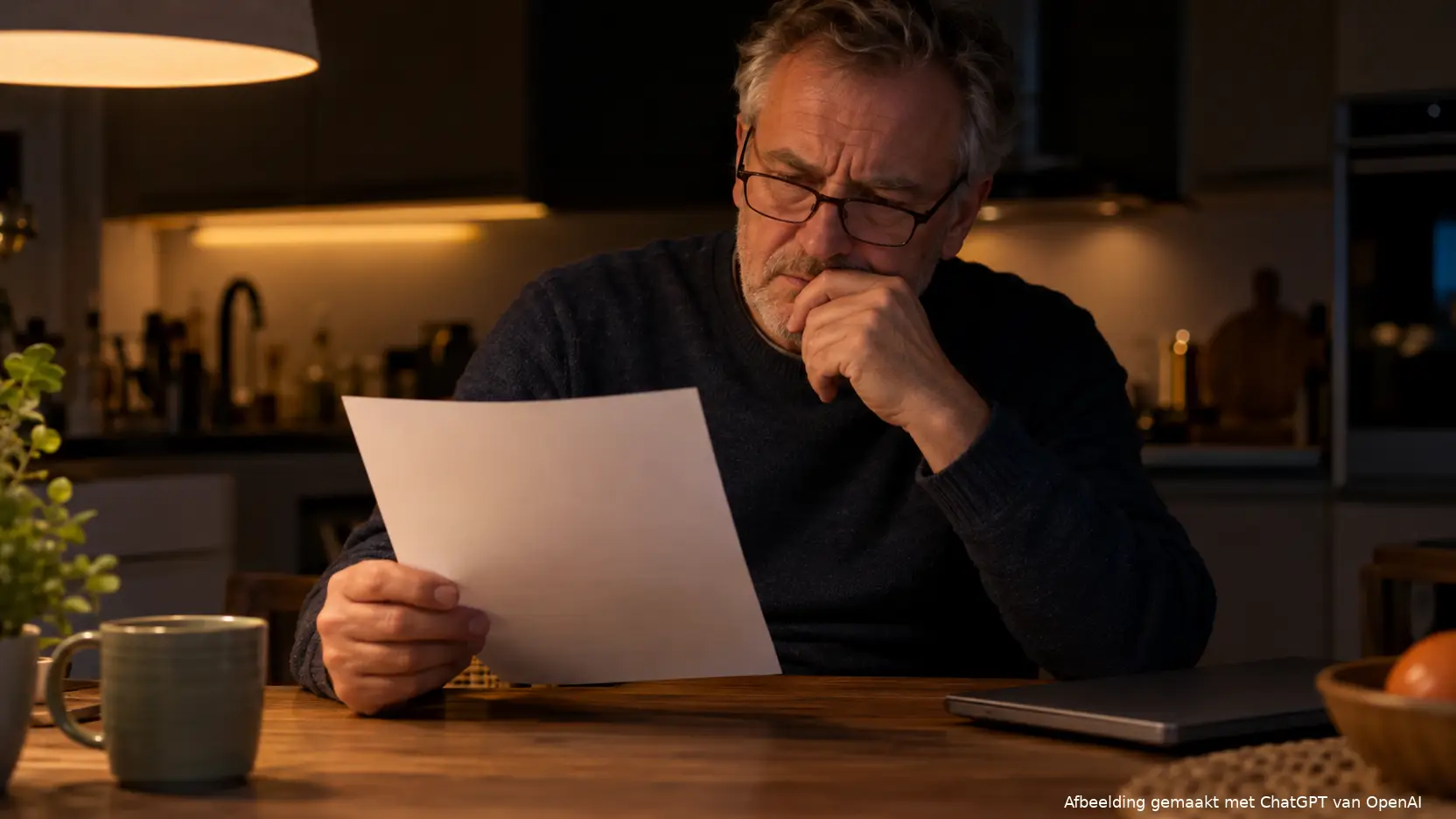 Man van rond de zestig leest 's avonds aan de keukentafel een brief van zijn pensioenfonds