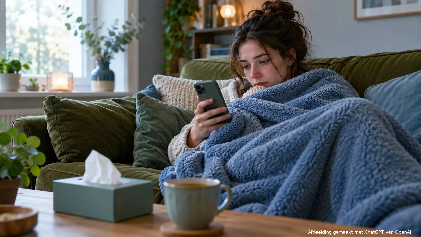 Verkouden jonge vrouw onder een deken op de bank kijkt naar haar telefoon.