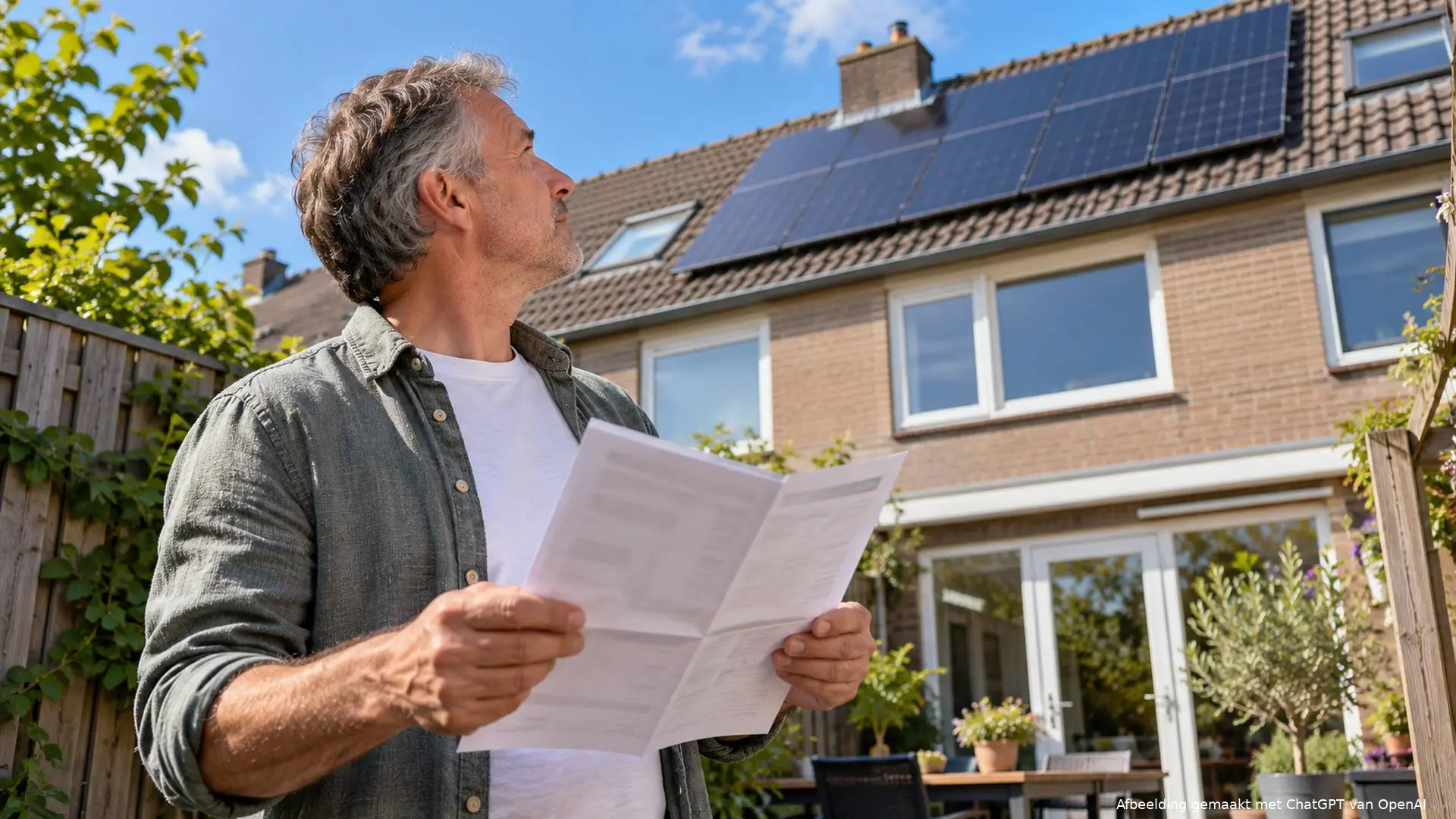 Man in zijn achtertuin kijkt met een energierekening in de hand naar de zonnepanelen op zijn dak