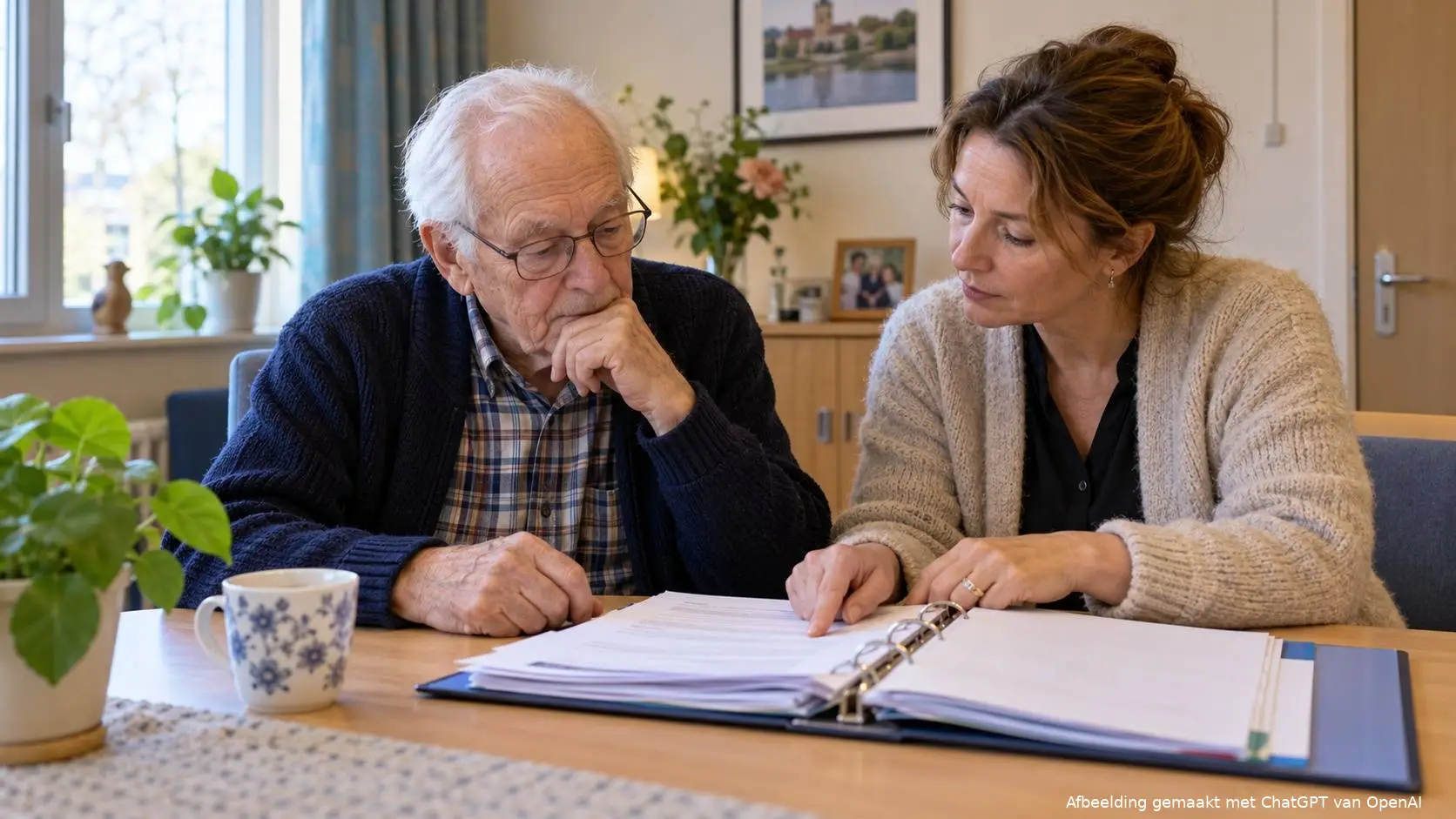 Een oudere man bekijkt samen met een volwassen familielid administratieve papieren in een kamer van een zorginstelling.