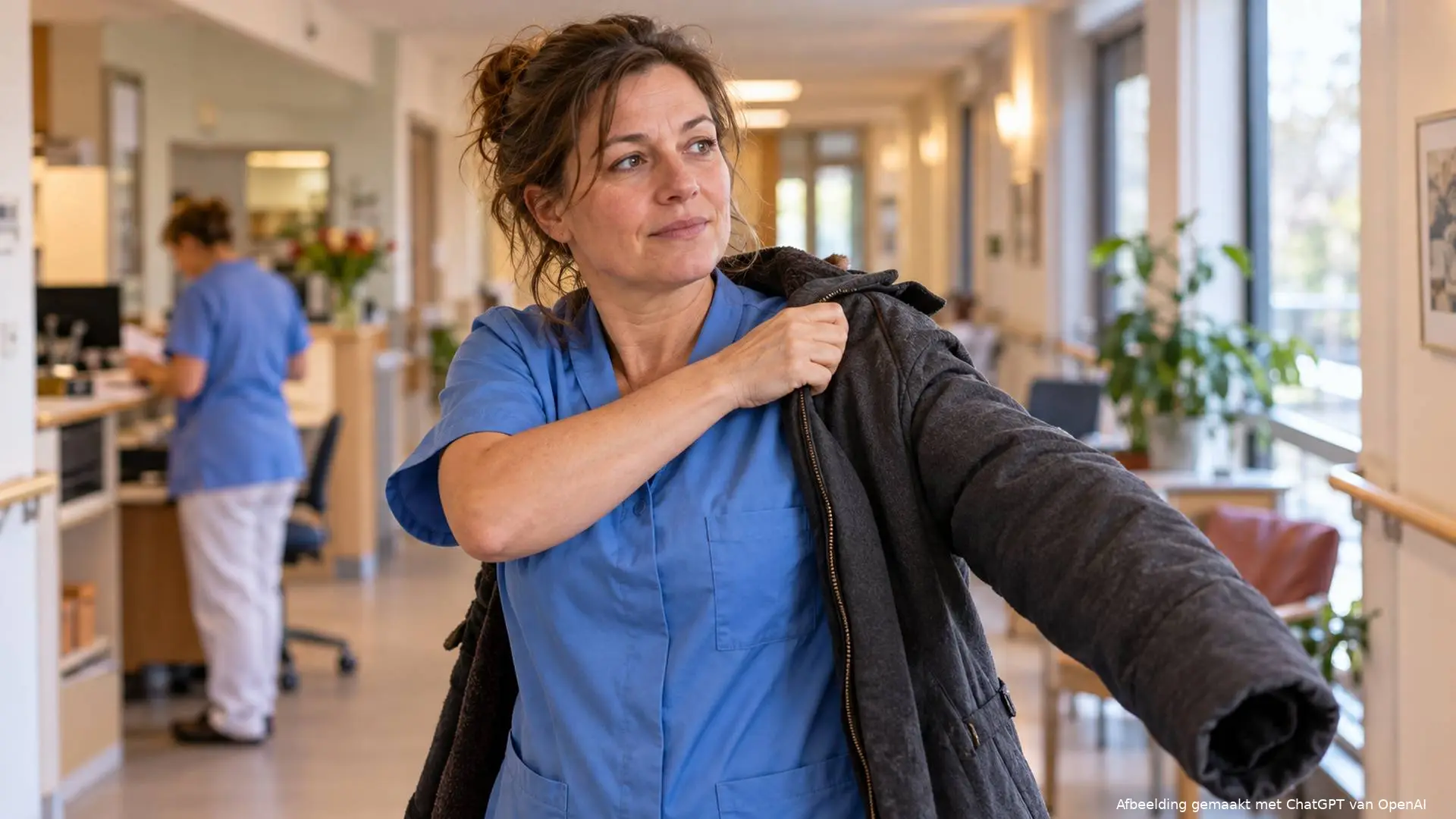 Zorgmedewerker trekt na haar dienst haar buitenjas aan in een lichte gang van een verpleeghuis.