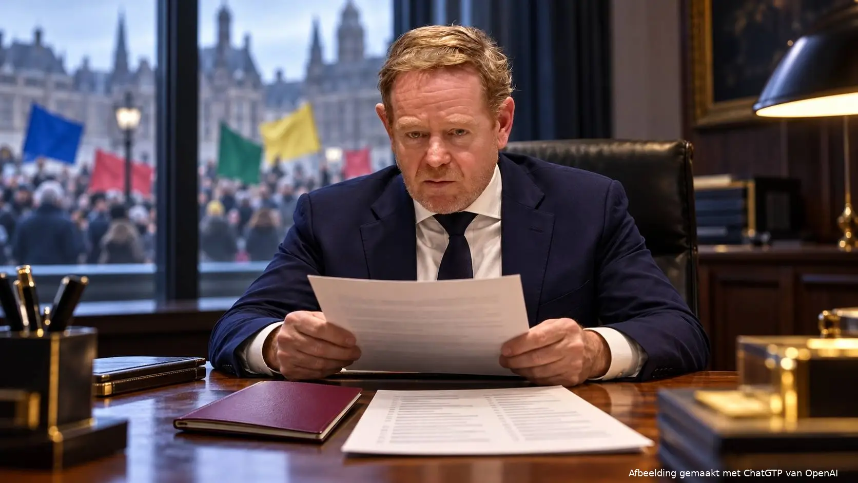 Illustratie van David van Weel aan zijn bureau met een paspoort en documenten, met achter het raam een demonstratie met effen vlaggen.