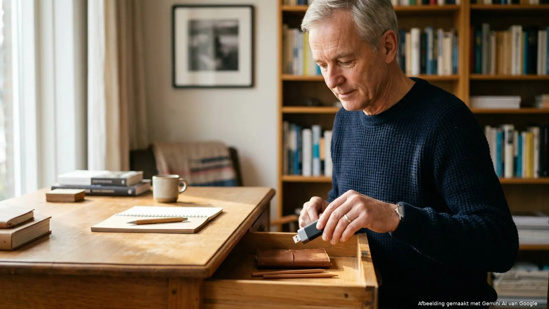 Man van rond de zestig legt een kleine hardware wallet in de la van een houten bureau in een werkkamer