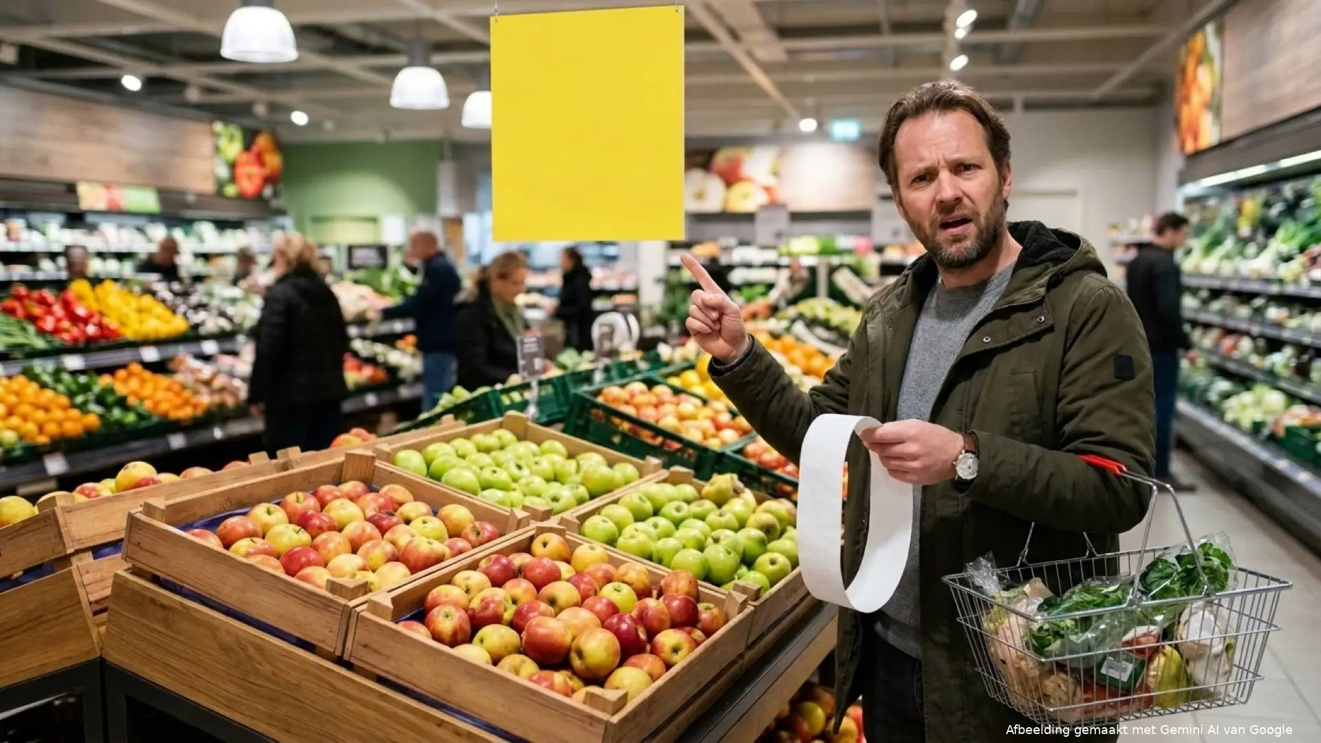 Man met een winkelmandje houdt een kassabon omhoog en wijst naar een leeg geel aanbiedingsbord boven kratten met appels.