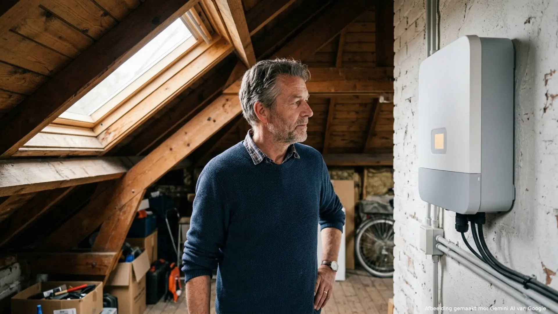 Man staat op een zolder onder een dakraam en kijkt naar de omvormer van zijn zonnepanelen aan de witte bakstenen muur.