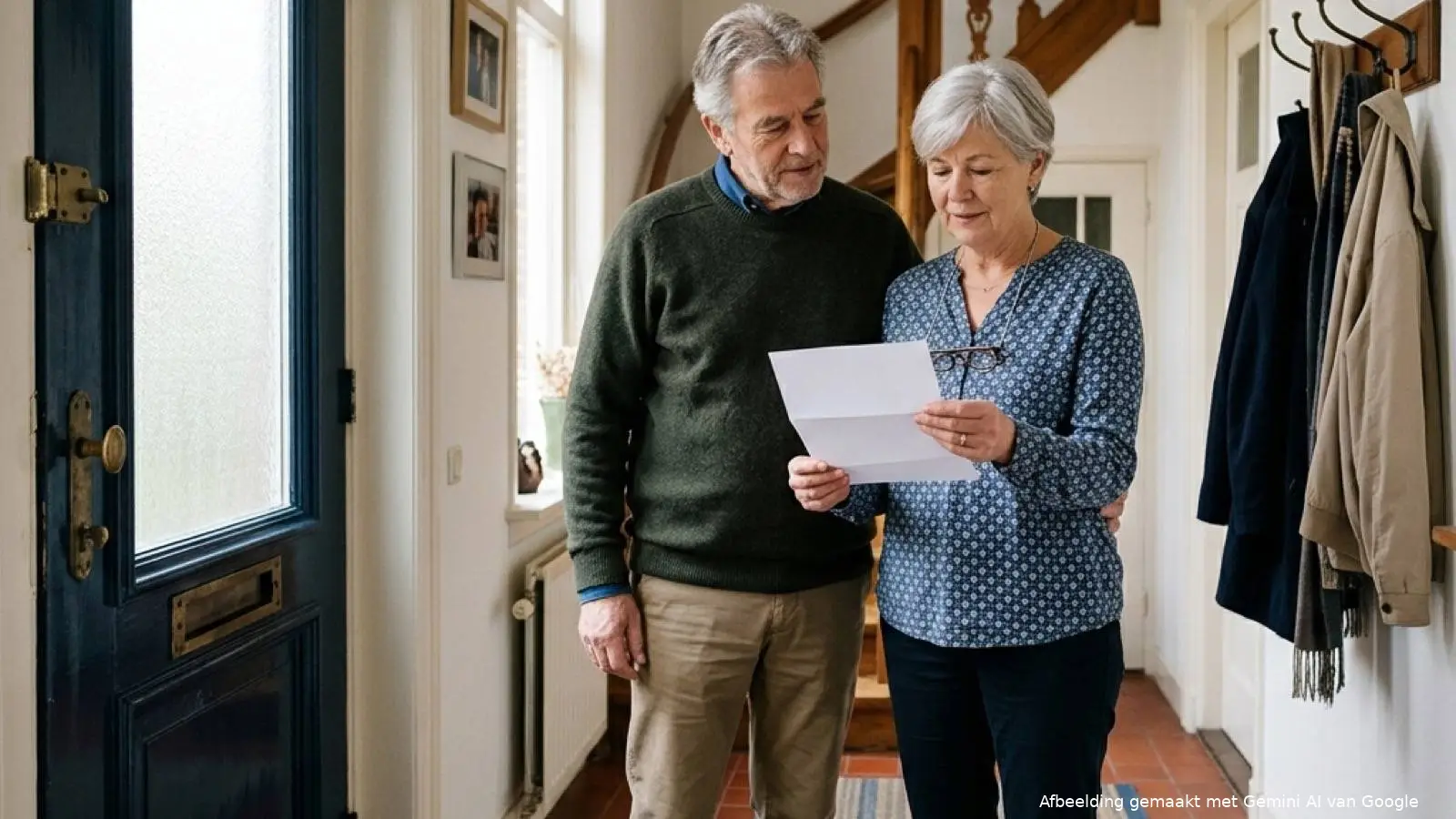 Gepensioneerd echtpaar bekijkt samen een brief in de hal van hun woning.