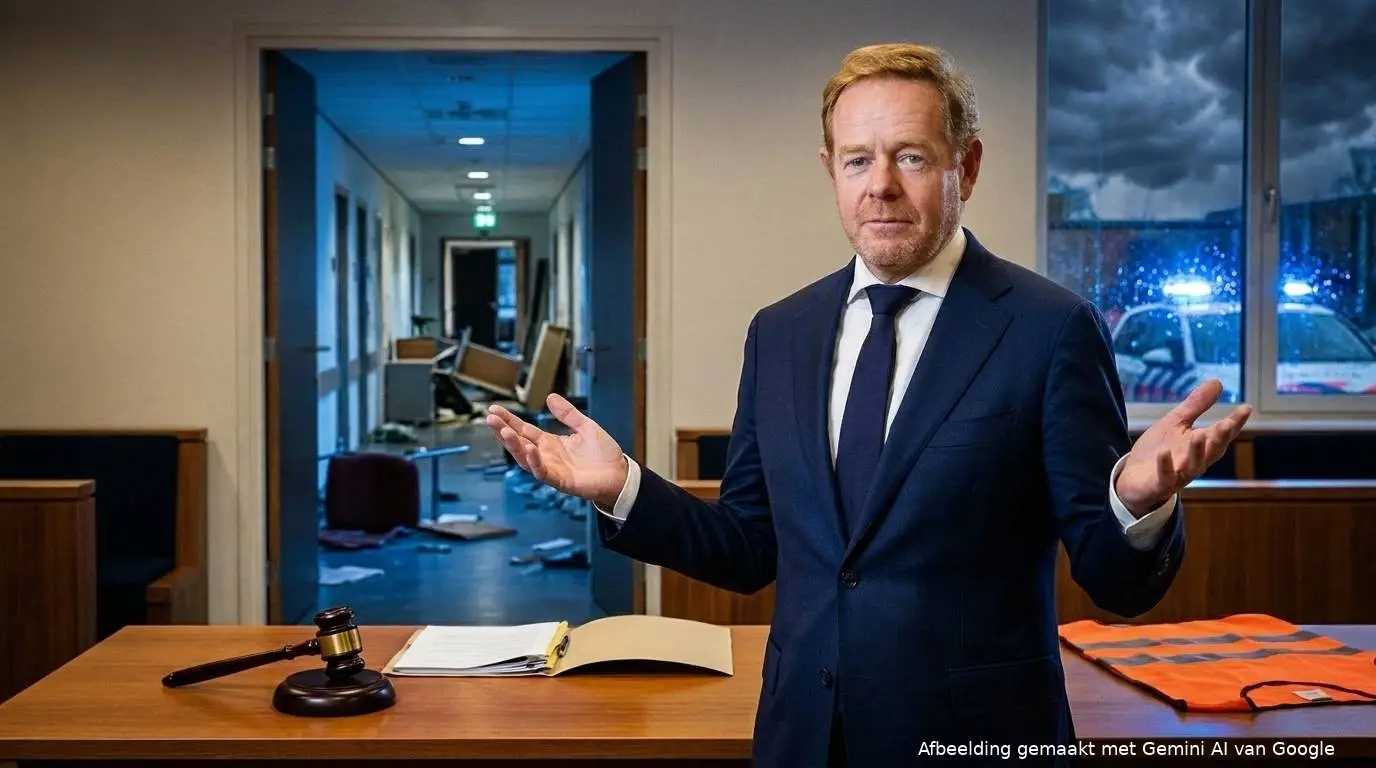 Minister David van Weel haalt in een rechtszaal zijn schouders op, achter hem een vernielde gang en zwaailichten.