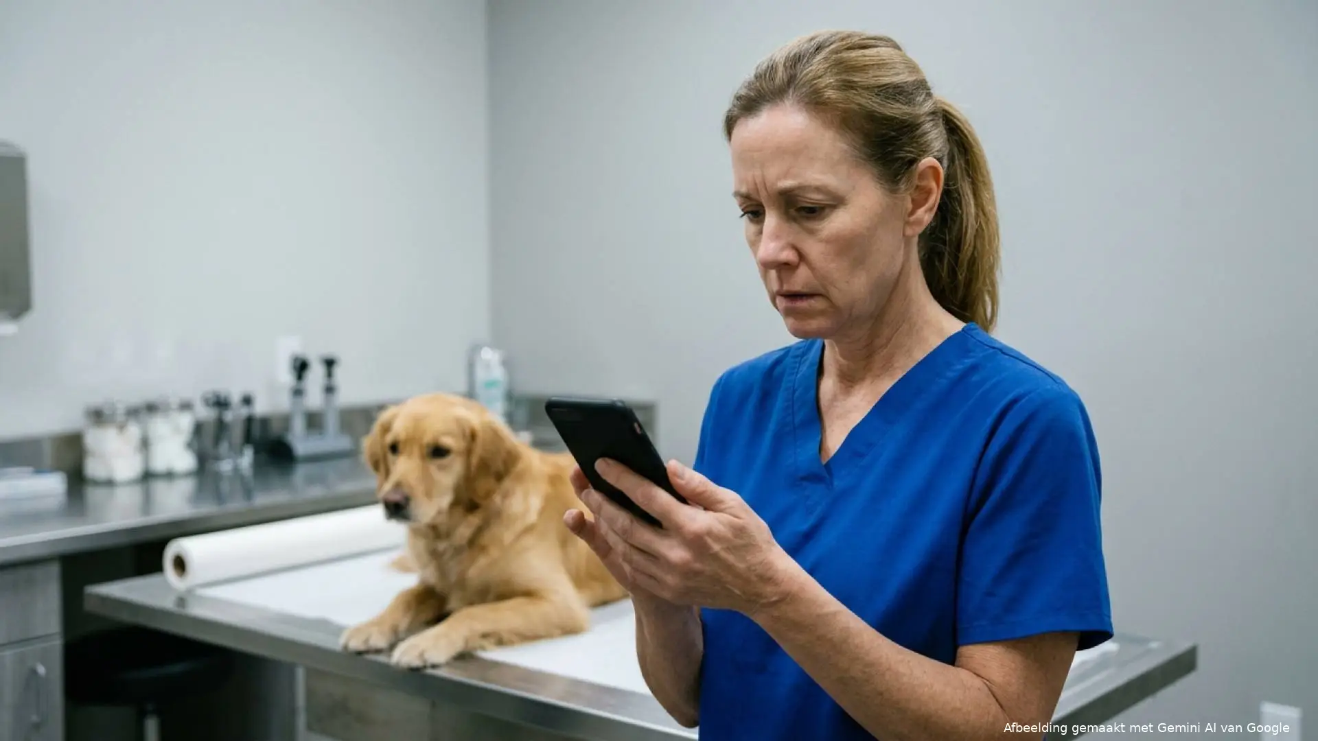 Dierenartsassistente in blauw werkpak kijkt gespannen op haar telefoon, met achter haar een hond op de behandeltafel.