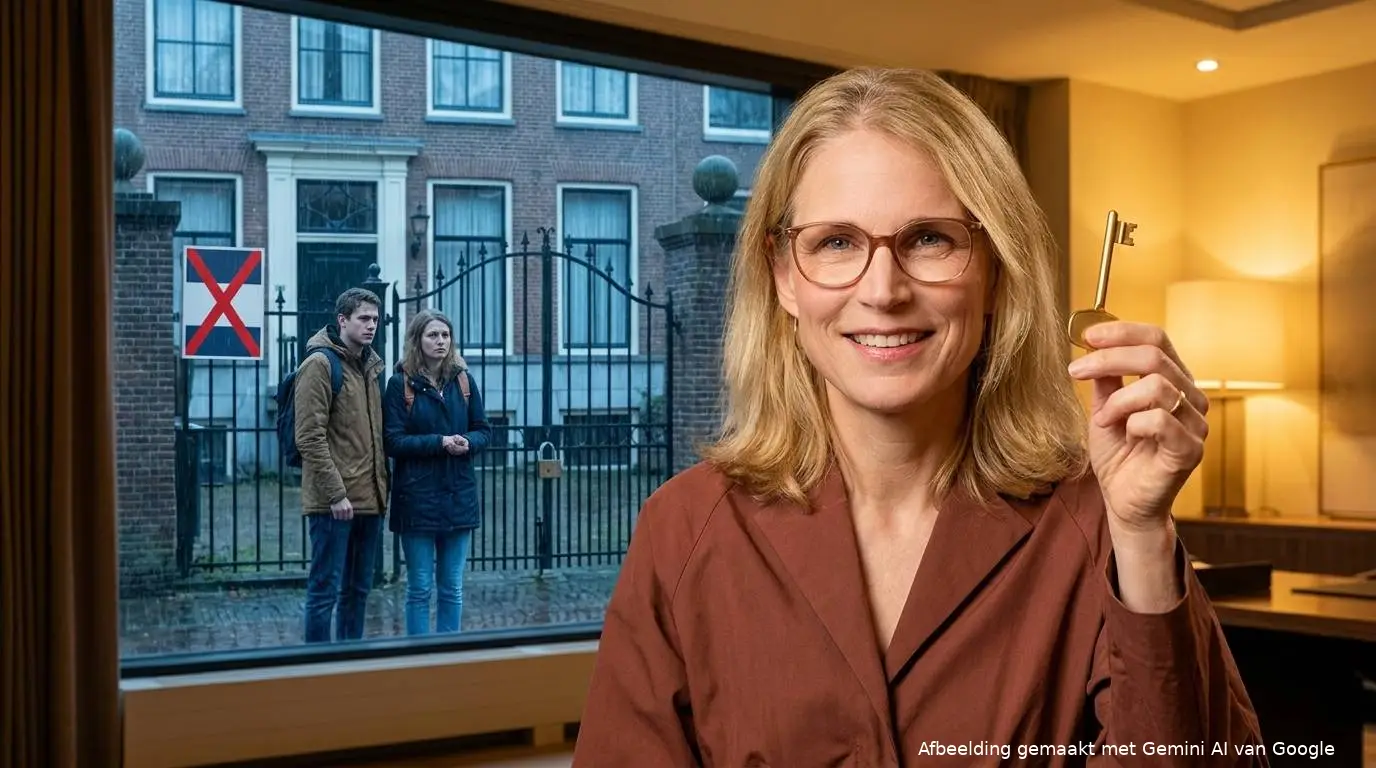 AI-illustratie: Elanor Boekholt-O'Sullivan houdt een huissleutel omhoog, buiten staat een jong stel voor een gesloten hek