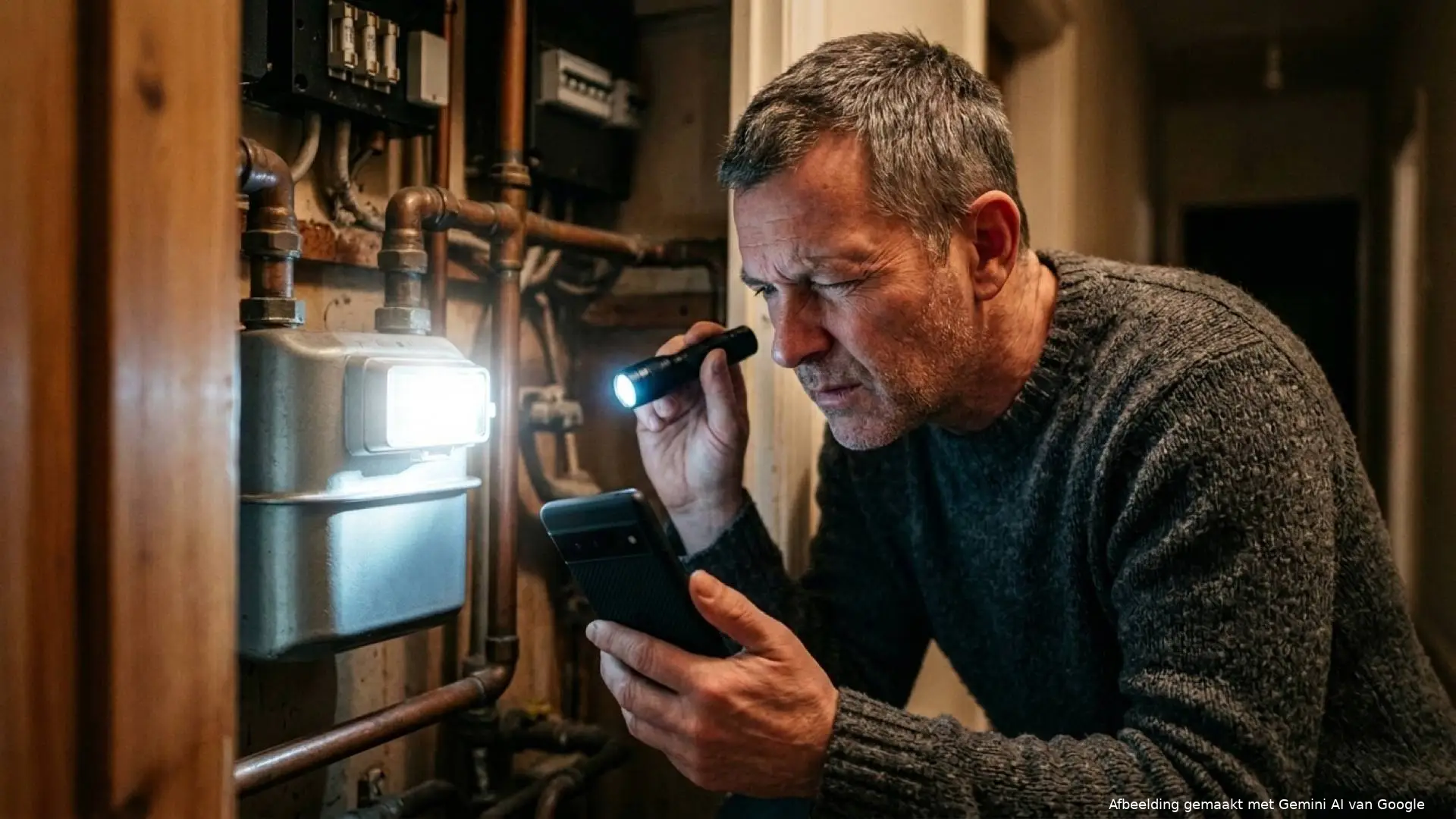 Man in een grijze trui schijnt met een zaklamp op de gasmeter in een donkere meterkast en houdt zijn telefoon vast.