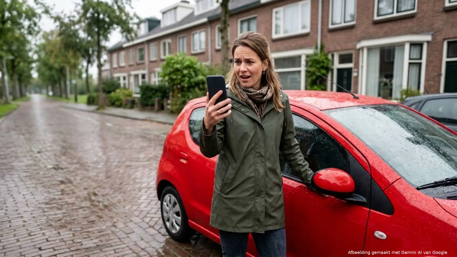 Vrouw in een groene regenjas staat op een natte straat naast een kleine rode auto en kijkt verbaasd op haar telefoon.