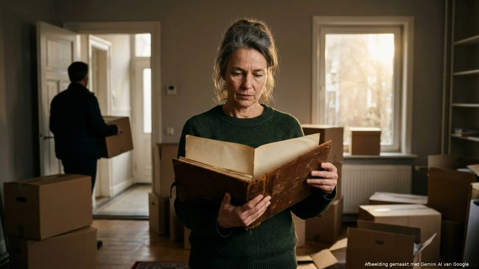 Vrouw houdt tussen de verhuisdozen een oude map open terwijl op de achtergrond een man met een doos de deur uitloopt.