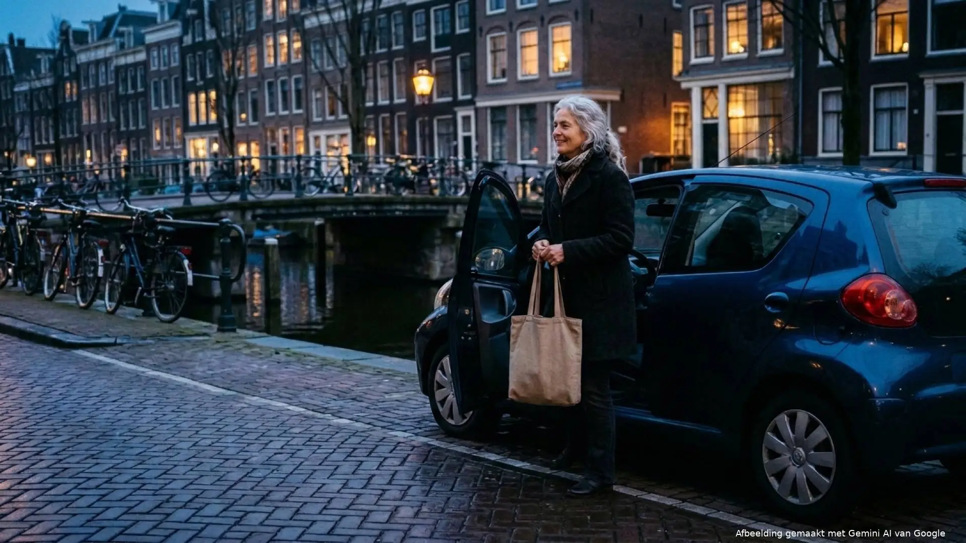 Vrouw van rond de zestig met boodschappentas stapt in de schemering uit haar auto langs een Amsterdamse gracht
