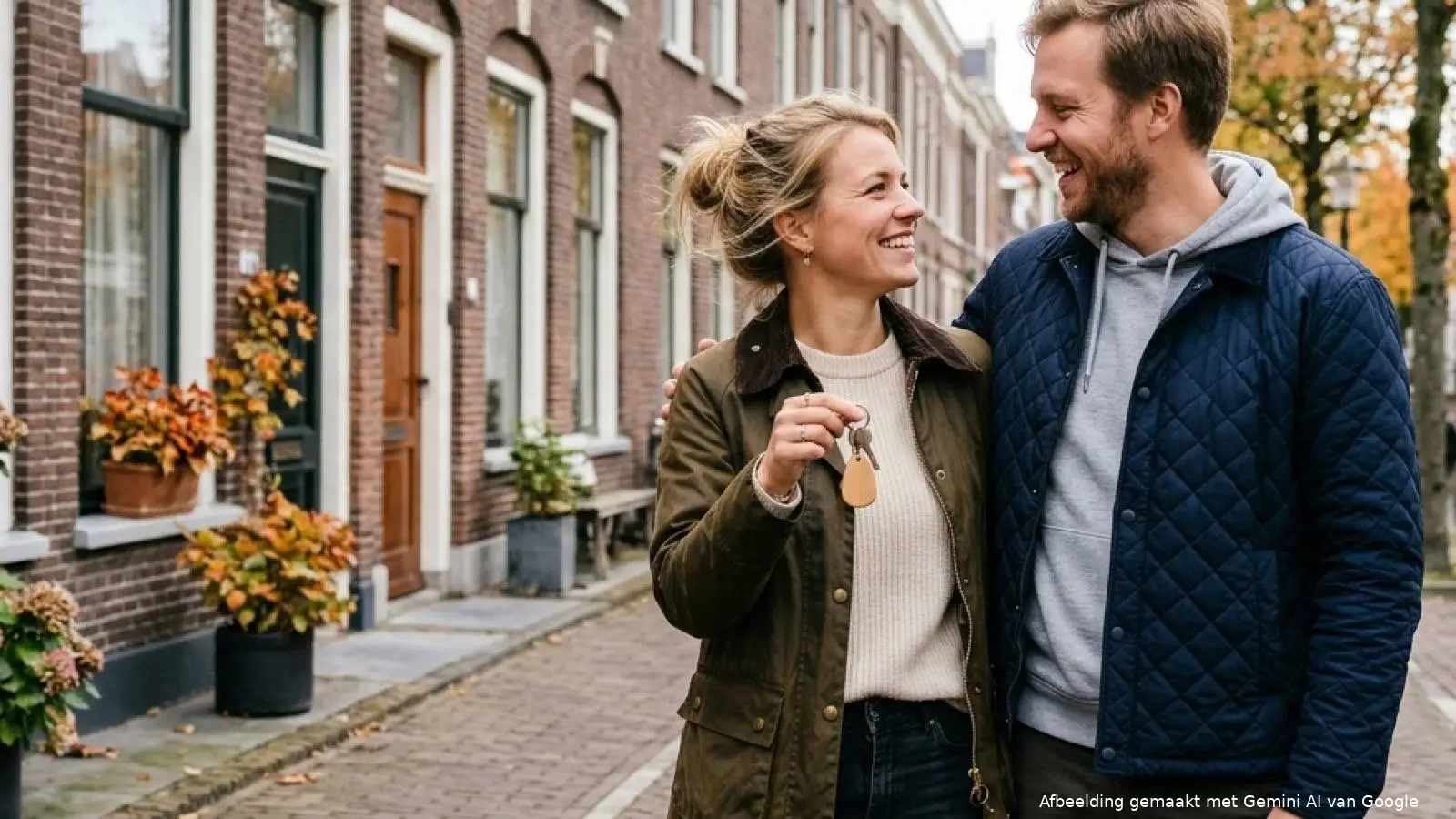 Jong stel met de sleutelbos van hun nieuwe koopwoning voor een rijtjeshuis in een Nederlandse wijk.
