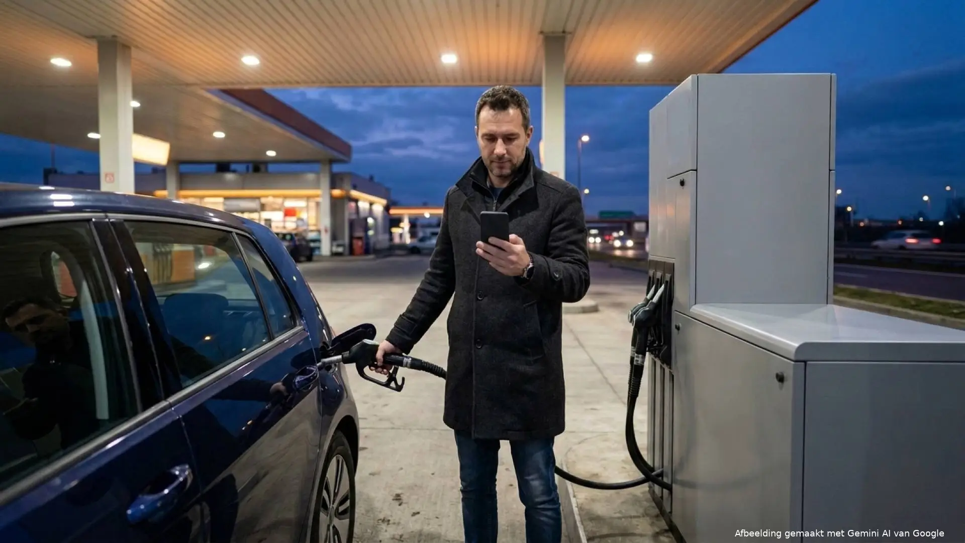Man in een donkere winterjas tankt bij schemering onder de verlichte luifel van een tankstation en kijkt op zijn telefoon.