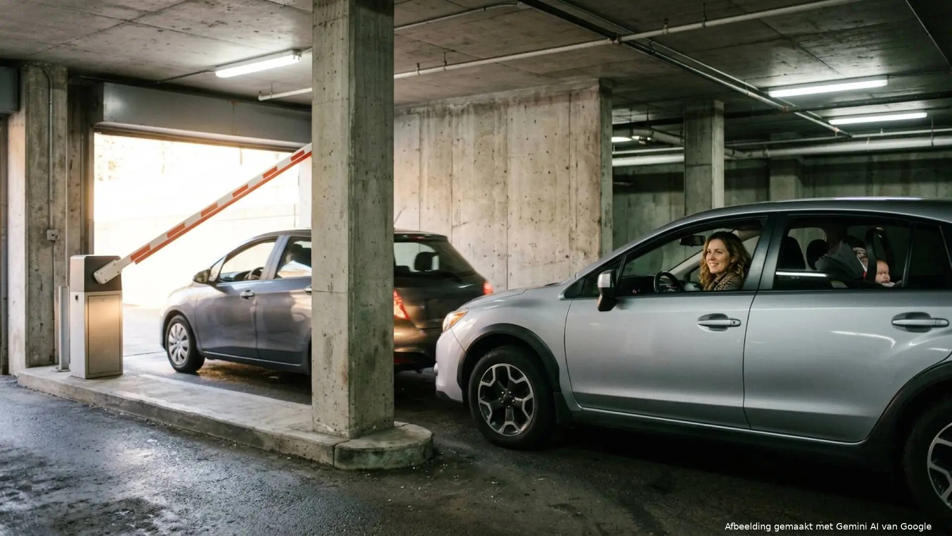 Twee grijze auto's rijden vlak achter elkaar onder de opengaande slagboom van een parkeergarage door richting de uitrit.