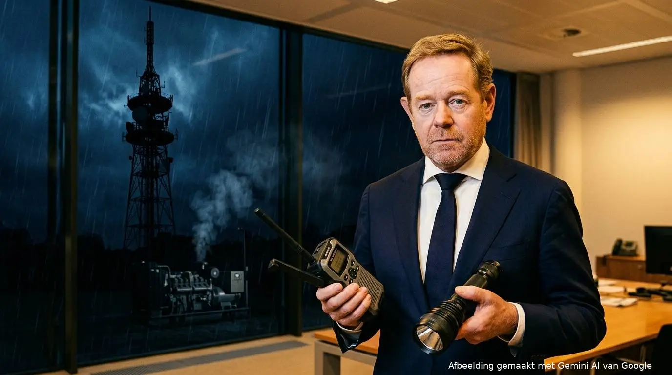 AI-illustratie: David van Weel met noodradio en zaklamp, buiten staat een zendmast in de storm met een rokend aggregaat