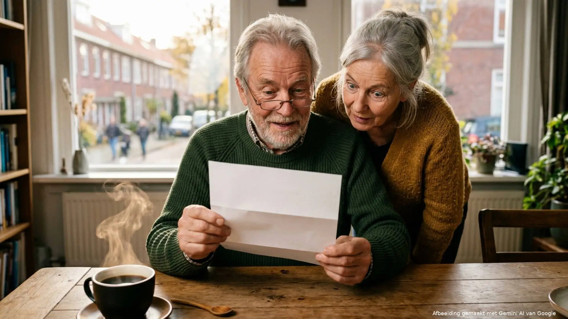 Oudere man kijkt met een kop dampende koffie op tafel verrast naar een opengevouwen brief terwijl zijn vrouw meekijkt.