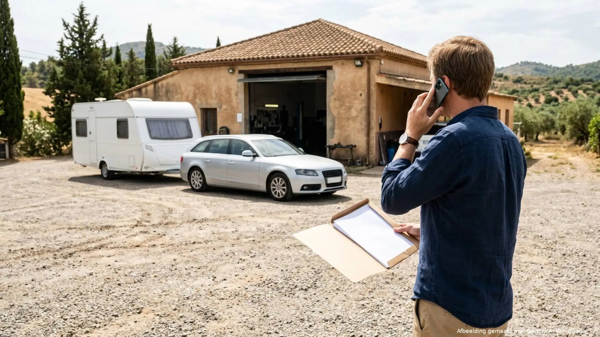 Illustratie van een reiziger die naast een auto met caravan belt bij een garage.