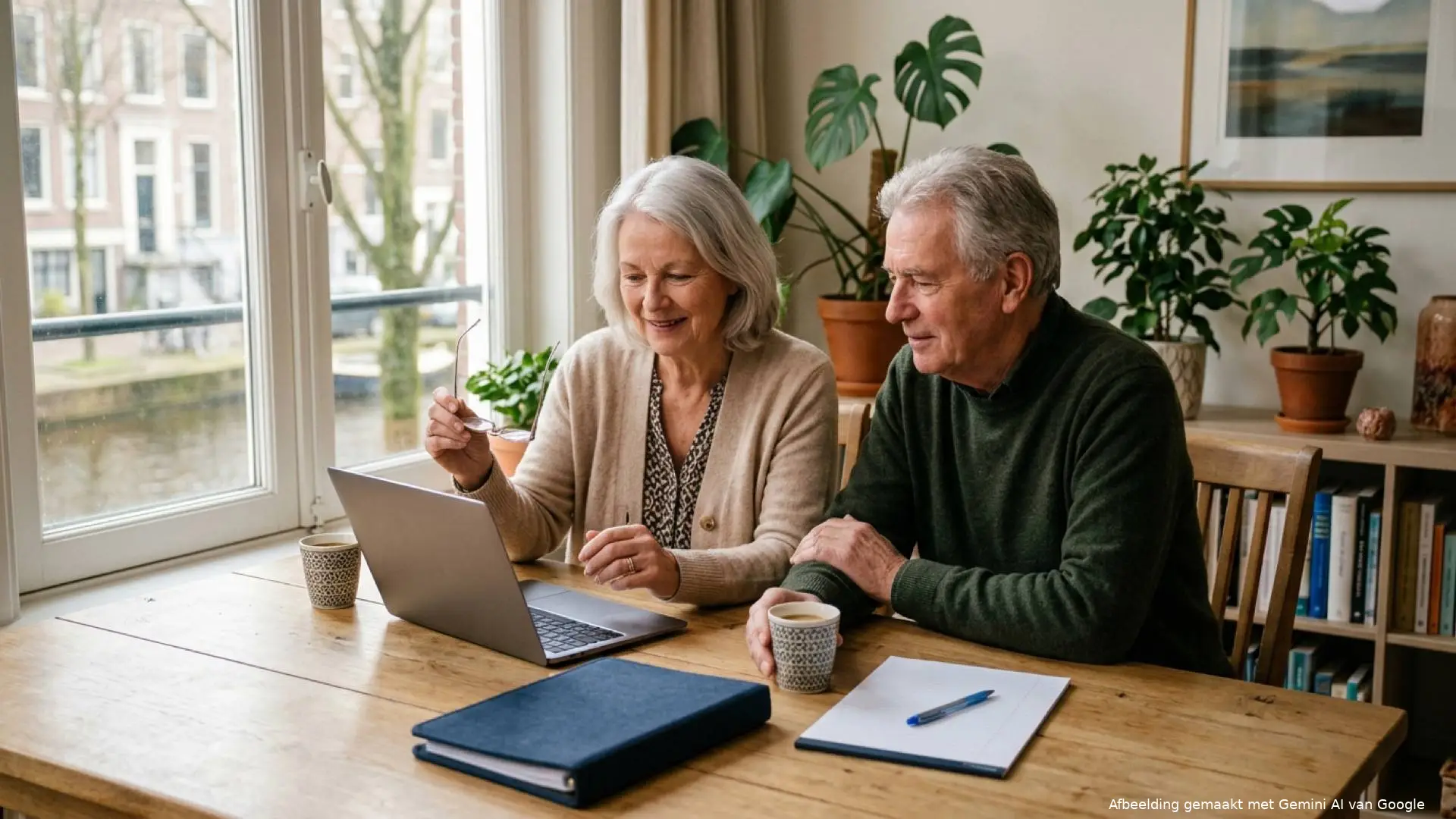 Echtpaar van begin zeventig bekijkt samen met een laptop en koffiekopjes de belastingpapieren aan de eettafel.