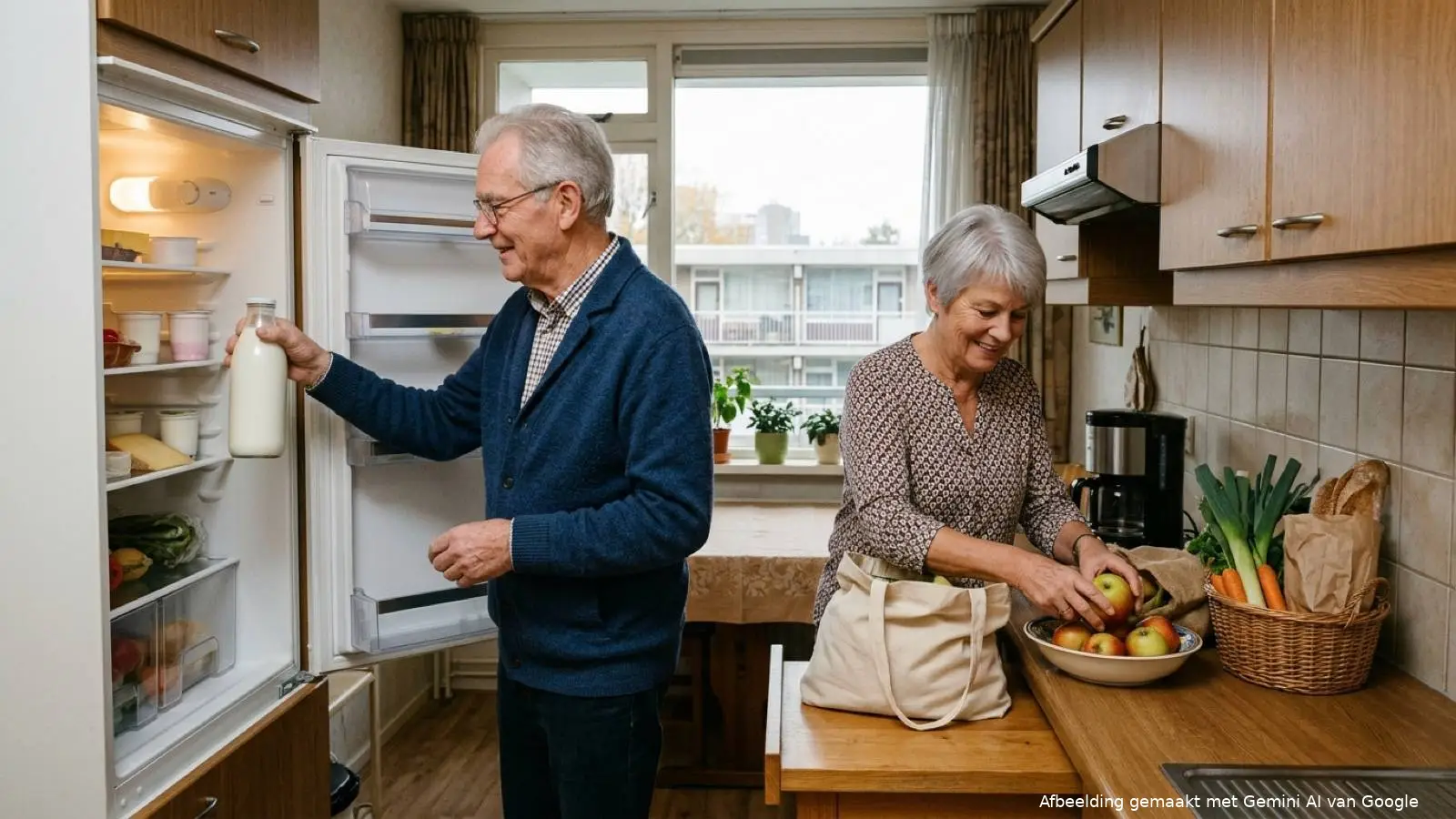 Oudere man zet een fles melk in de koelkast terwijl een vrouw appels in een schaal legt in een Nederlandse keuken.