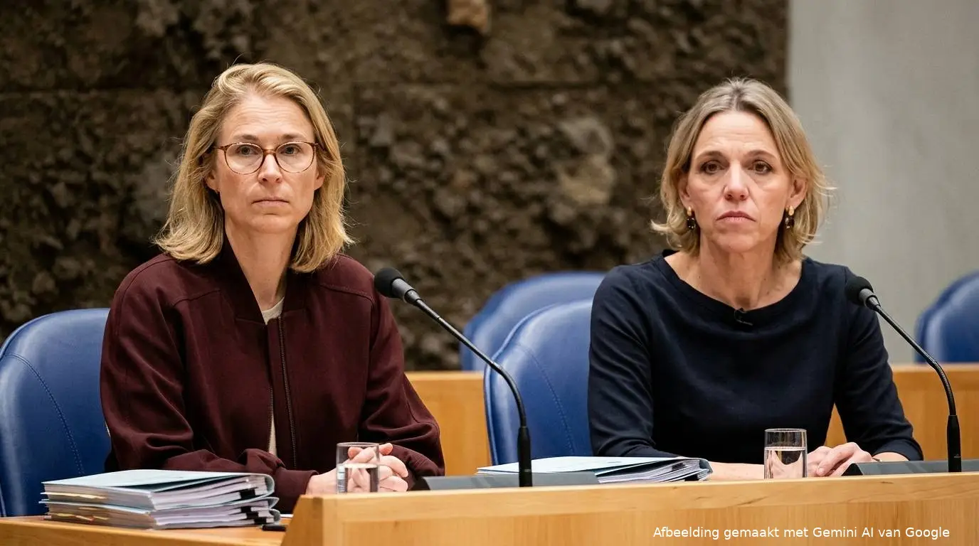 D66-minister Elanor Boekholt-O'Sullivan en CDA-minister Mirjam Sterk achter de regeringstafel in Vak K van de Tweede Kamer.