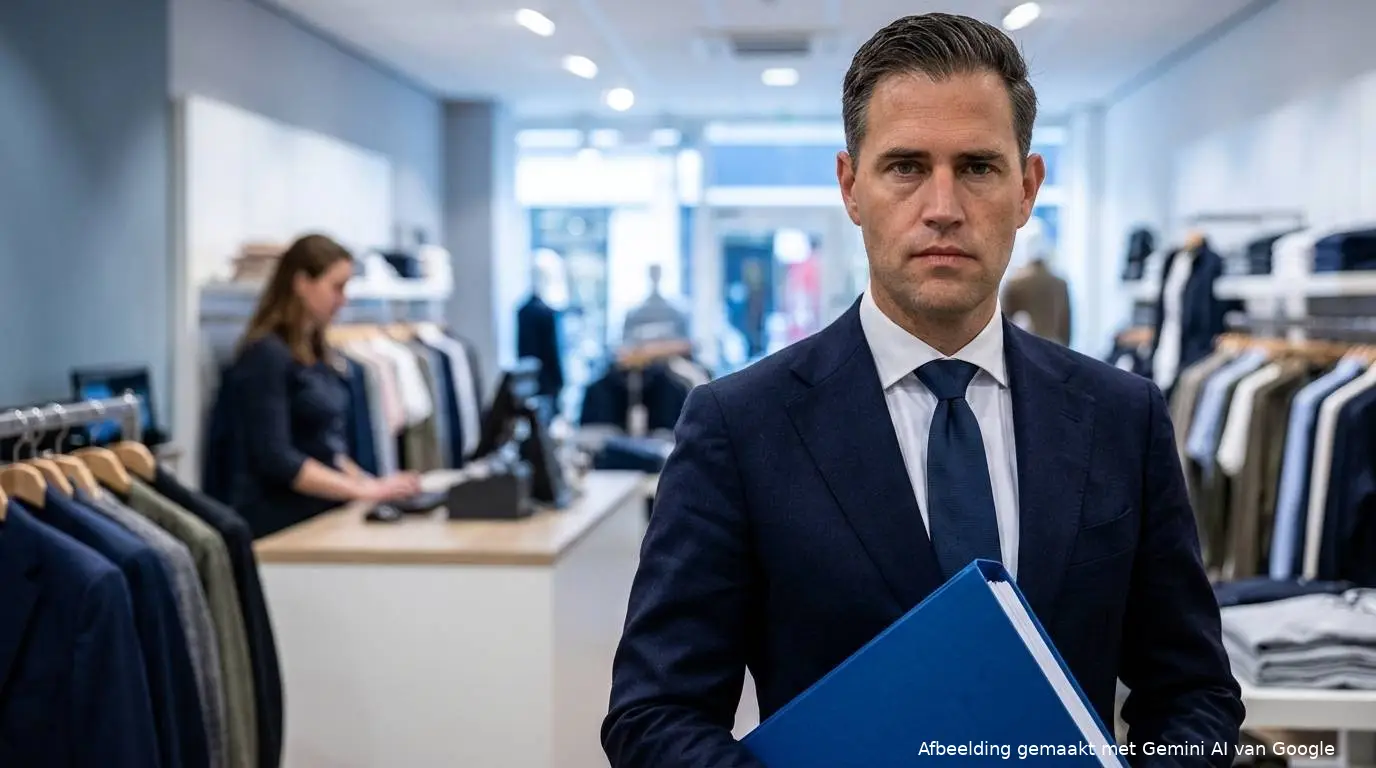 VVD-minister Eelco Heinen met belastingdossier in een Nederlandse winkelstraat