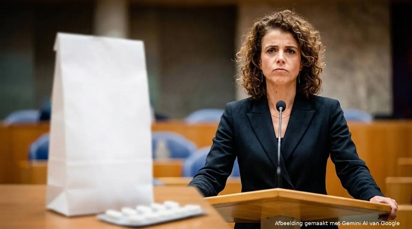 VVD-minister Sophie Hermans in de Tweede Kamer, op de voorgrond medicijnen: het eigen risico gaat in 2028 omhoog